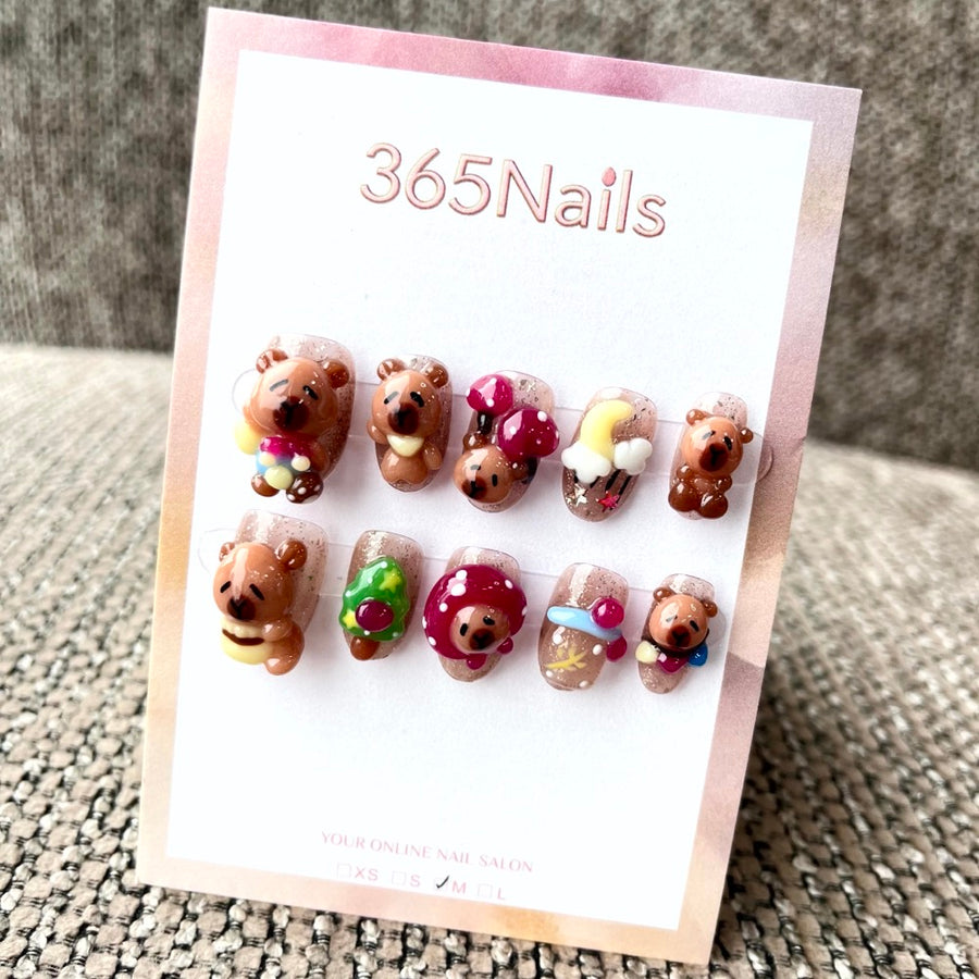 365nails: "Teddy's Picnic" – 3D Bear Short Square Nails