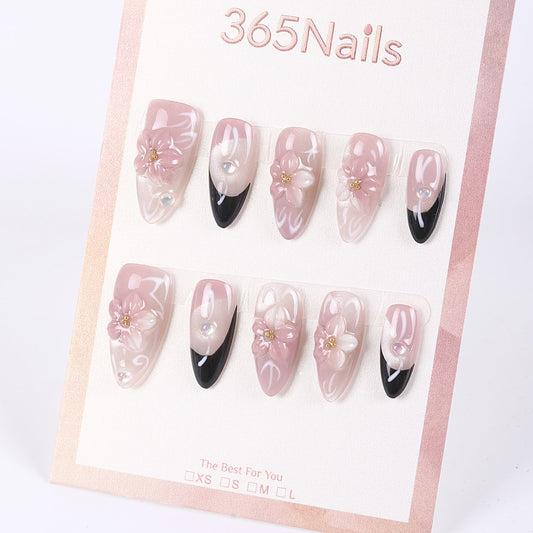 365Nails Sheer Peachy Pink with Black French Accents, 3D Florals and Crystal Pearls – Soft Elegant Medium Almond Press-On Nails