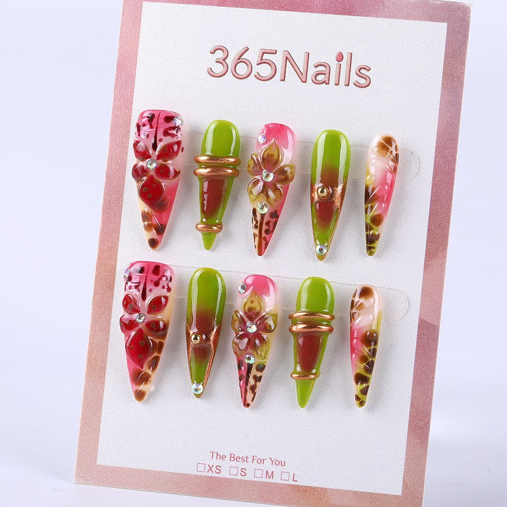 Fluorescent Lime x Berry Metallic Gradient 3D Flower Rhinestones press on nail