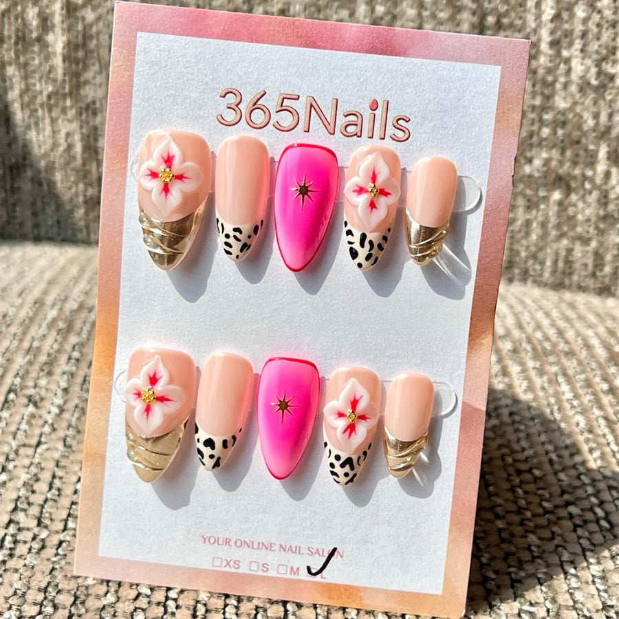 365nails 누드 핑크 플라워 호피 골드 믹스 수제 미디엄 스틸레토형 프레스온 네일
