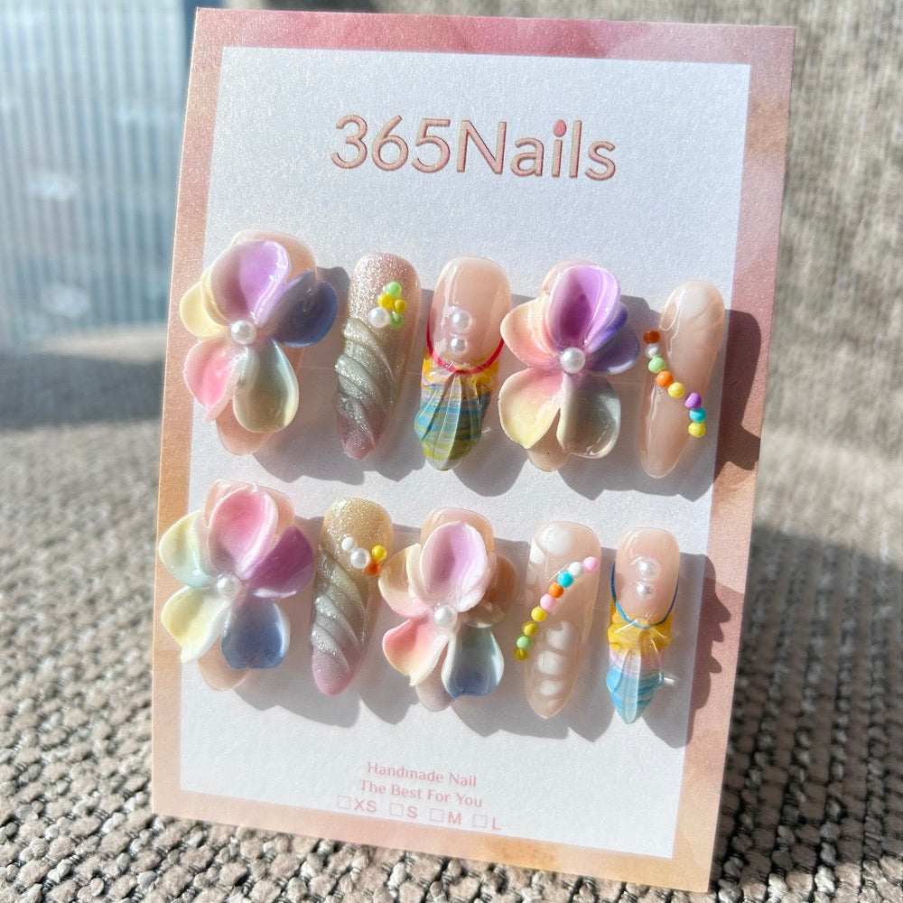Sculpted Flora: "Rainbow Blossom" – 3D Colorful Floral & Textured Shell Long Coffin Nails