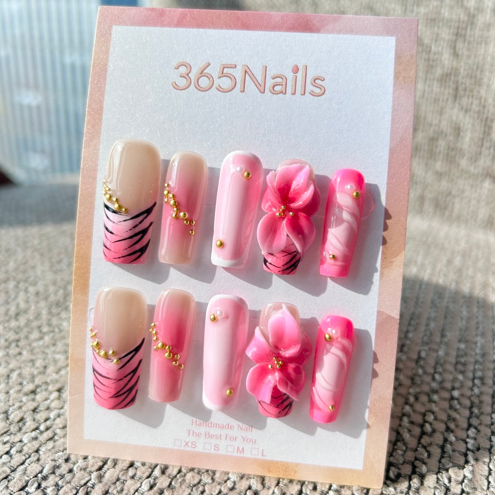 Sculpted Flora: "Neon Tiger Blossom" – 3D Bright Pink Floral & Tiger Print Long Square Nails