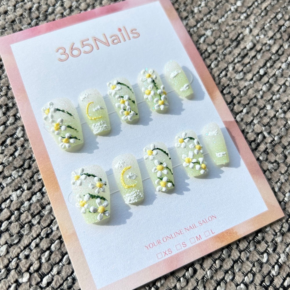 Sweet & Dopamine: "Minty Daisy Field" – Sugar Glitter Mint Green, 3D Chamomile, Moon & Cloud Press-on Nails