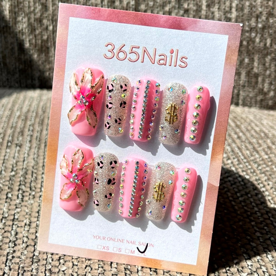 365nails: "Sweet Sparkle" – 3D Bow & Glitter Handmade Square Nails