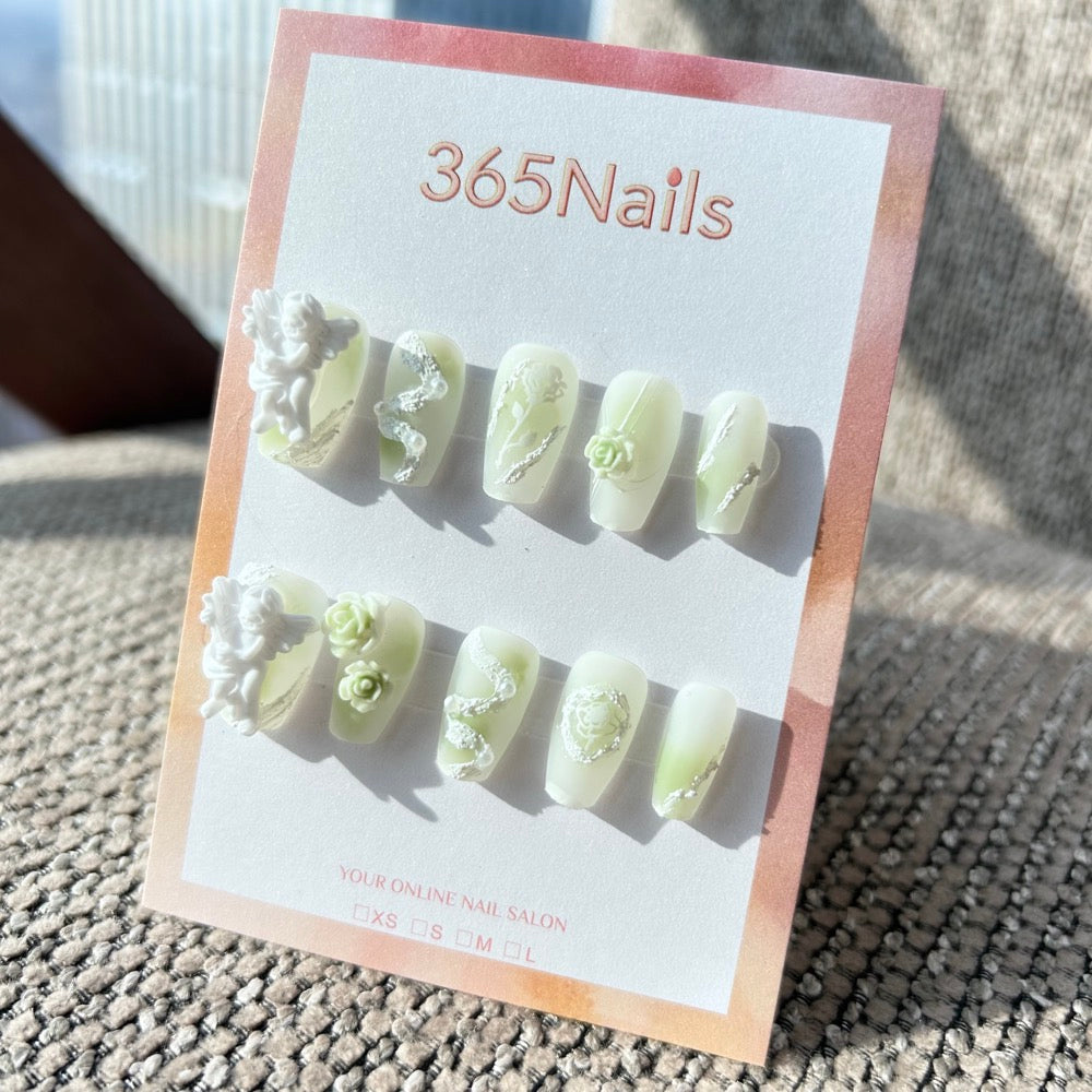 Sweet & Dopamine: "Mint Rococo Angel" – Milky Green Gradient, 3D Cherub, Sculpted Rose, Plaster Texture & Pearl Press-on Nails