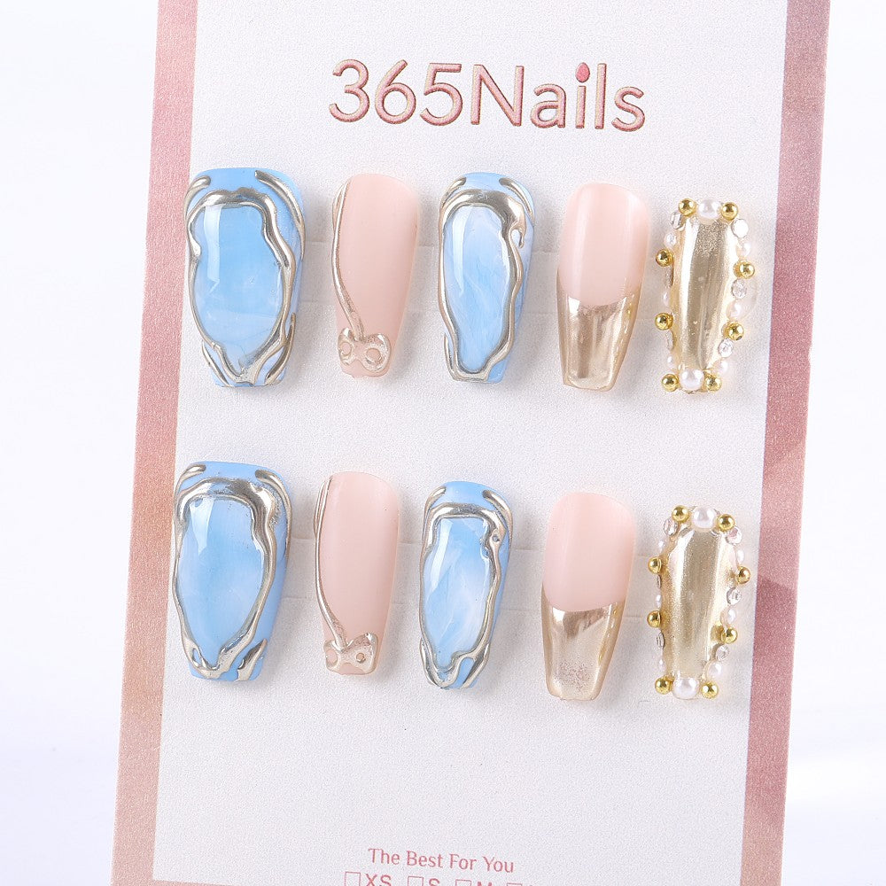 Blue and Nude Metallic Press-On Nails with 3D Silver Lines and Pearl Beads