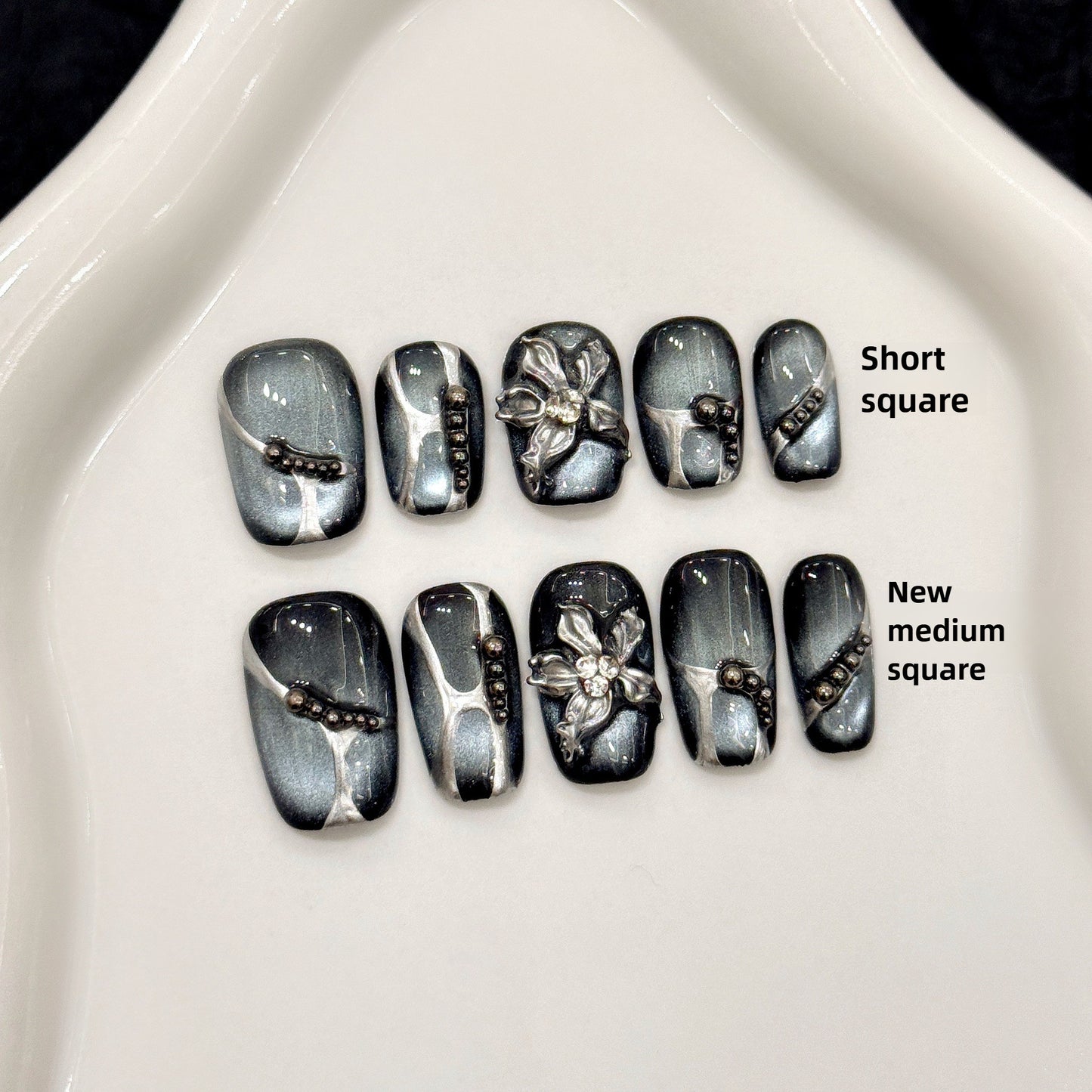 Black Silver Cat-Eye Luxury Floral Press On Nails