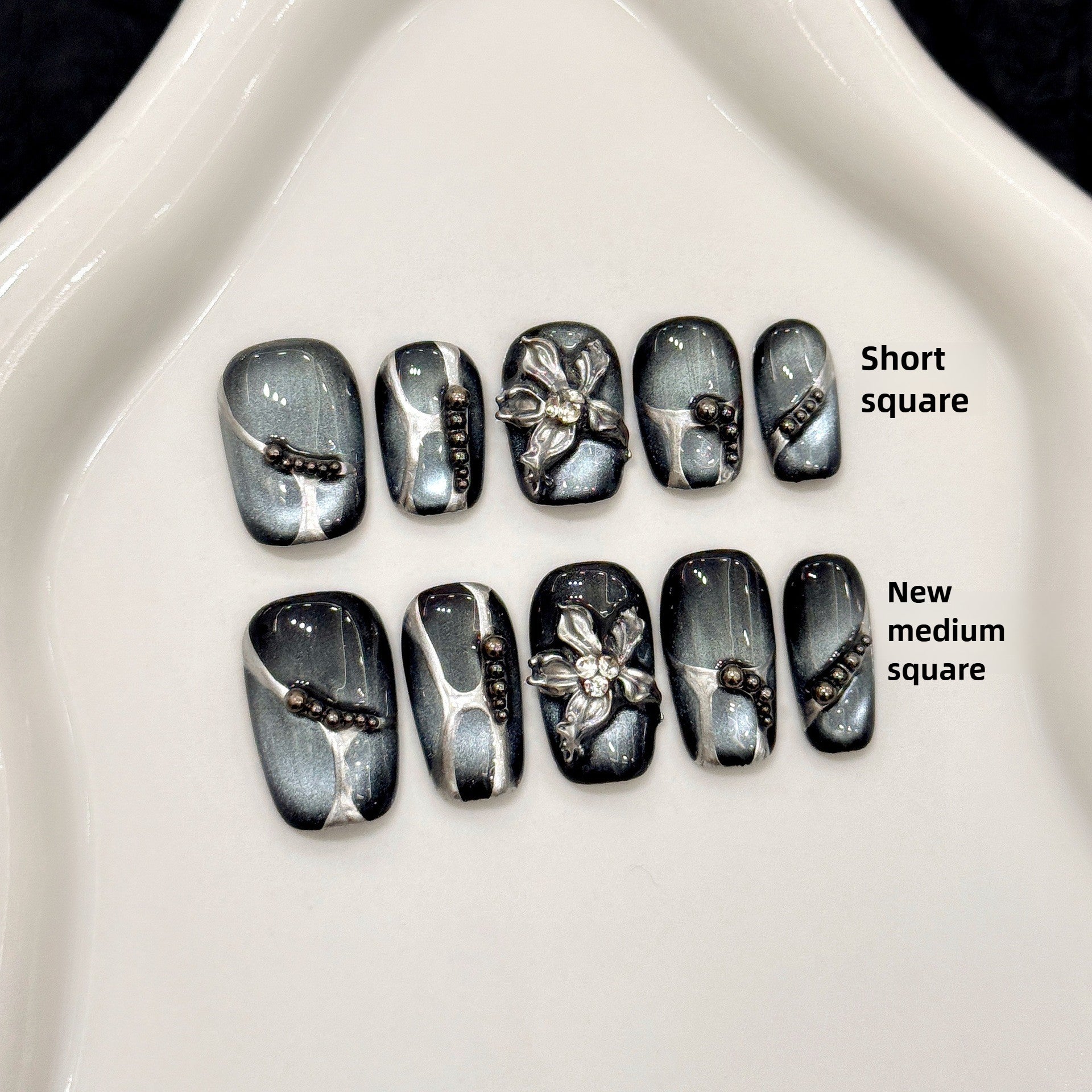 Black Silver Cat-Eye Luxury Floral Press On Nails