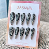 Femme Fatale: "Iron Rose" – Grey Cat Eye with Black Vintage Floral Vines & 3D Silver Chrome Ridged Armor Tips Long Stiletto Nails