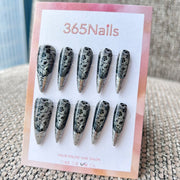 Femme Fatale: "Iron Rose" – Grey Cat Eye with Black Vintage Floral Vines & 3D Silver Chrome Ridged Armor Tips Long Stiletto Nails
