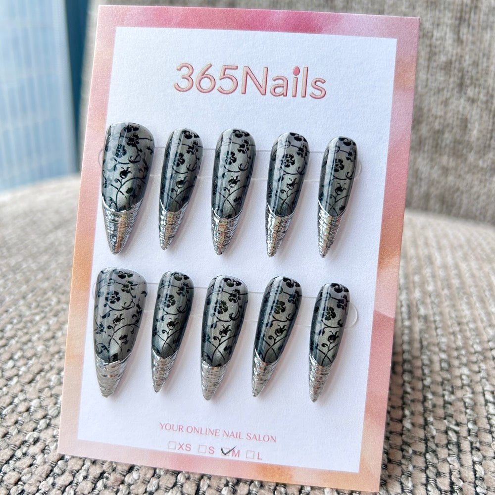Femme Fatale: "Iron Rose" – Grey Cat Eye with Black Vintage Floral Vines & 3D Silver Chrome Ridged Armor Tips Long Stiletto Nails