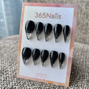 午夜蛇龍爪 尖形 光澤黑配銀色蛇尖｜365nails 頂級手工製龍系列穿戴甲