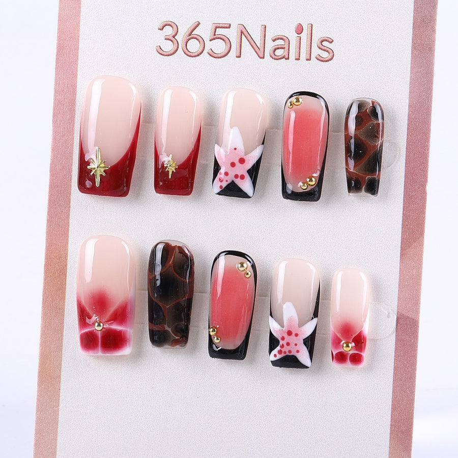Red and Nude Press-On Nails with 3D White Floral and Gold Bead Details ( MOQ=5pcs )