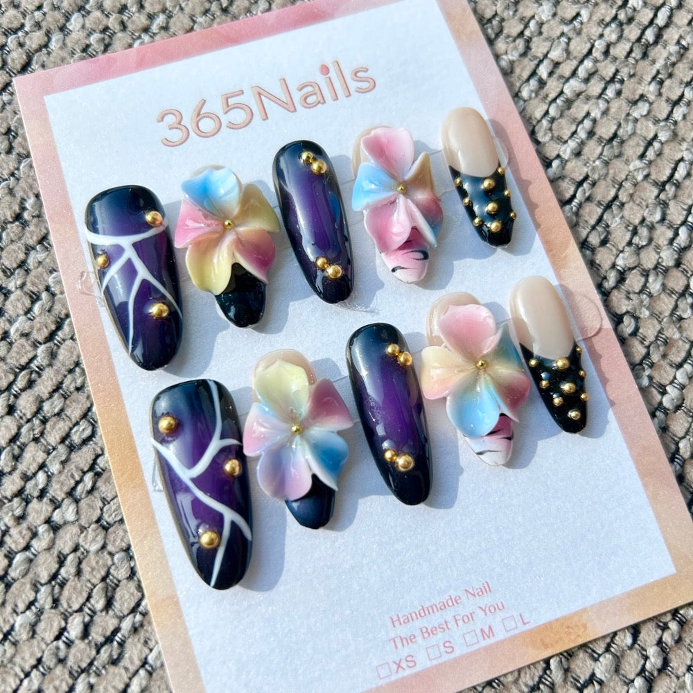Sculpted Flora: "Galactic Blossom" – 3D Multicolor Floral & Gold Beaded Dark Purple Long Stiletto Nails