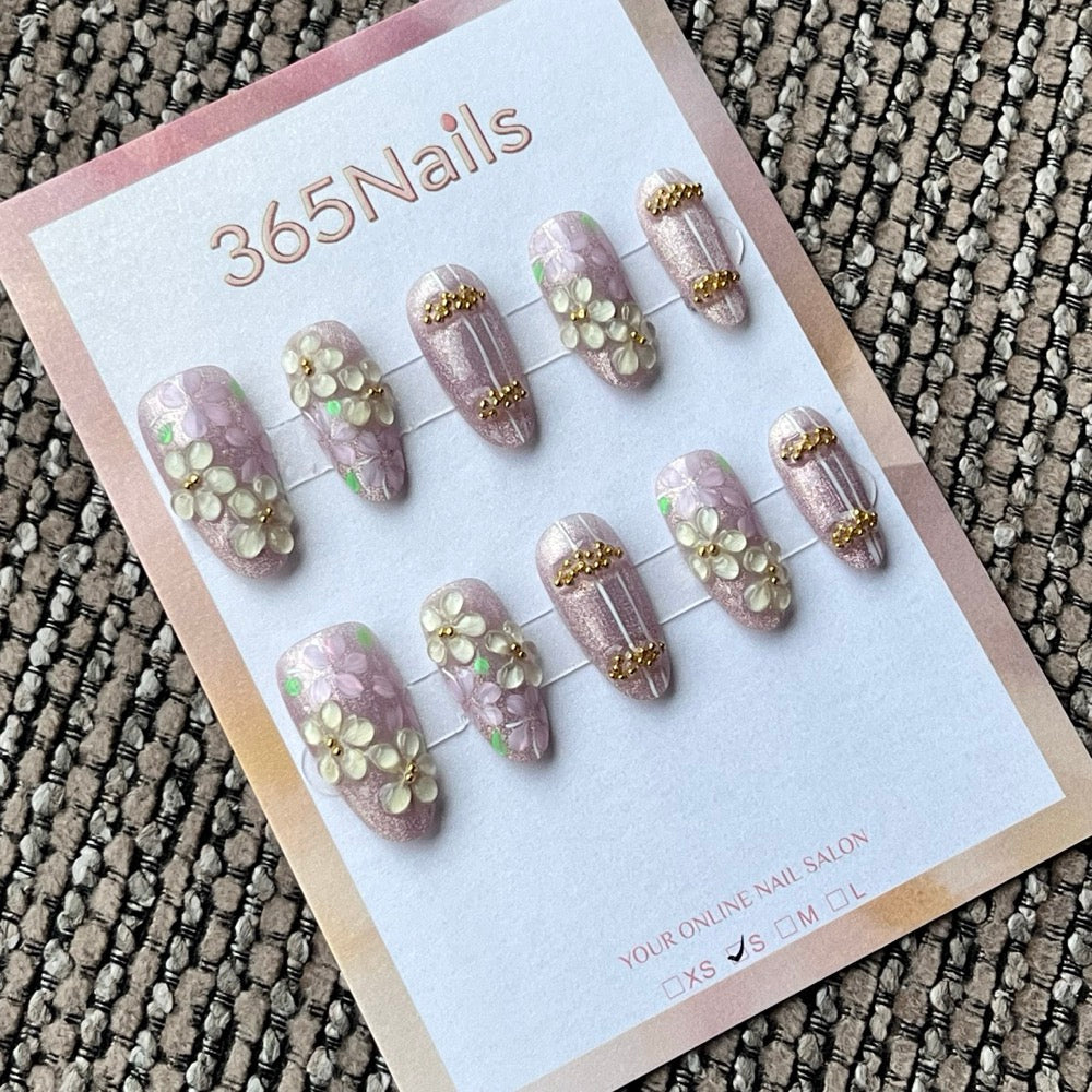 Pink 3D Floral Glitter Press-On Nails