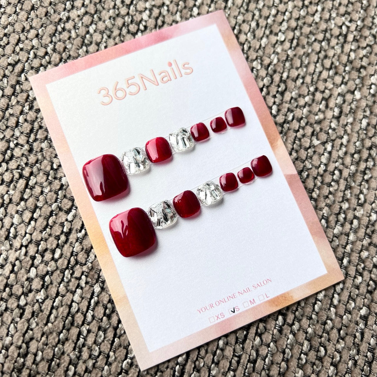 365nails: "wine red & diamond sparkle" – handmade press-on pedicure