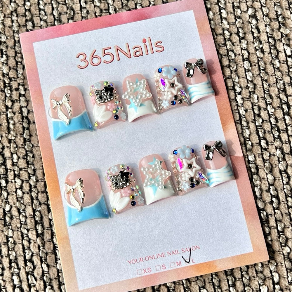 365nails: 핑크 블루 고양이 리본 별 수제 숏 사다리꼴형 프레스온 네일