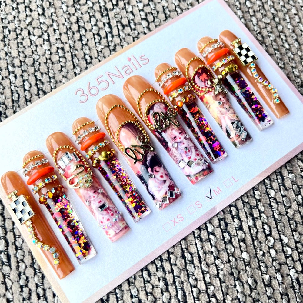 365nails: "Retro Rose" – 3D Character Art Handmade Coffin Nails-5.5cm