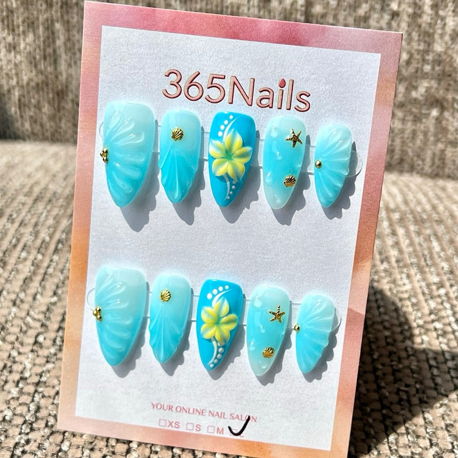 365nails 수제 미디엄 스틸레토형 프레스온 네일 – 오션 블루 히비스커스 쉘 3D