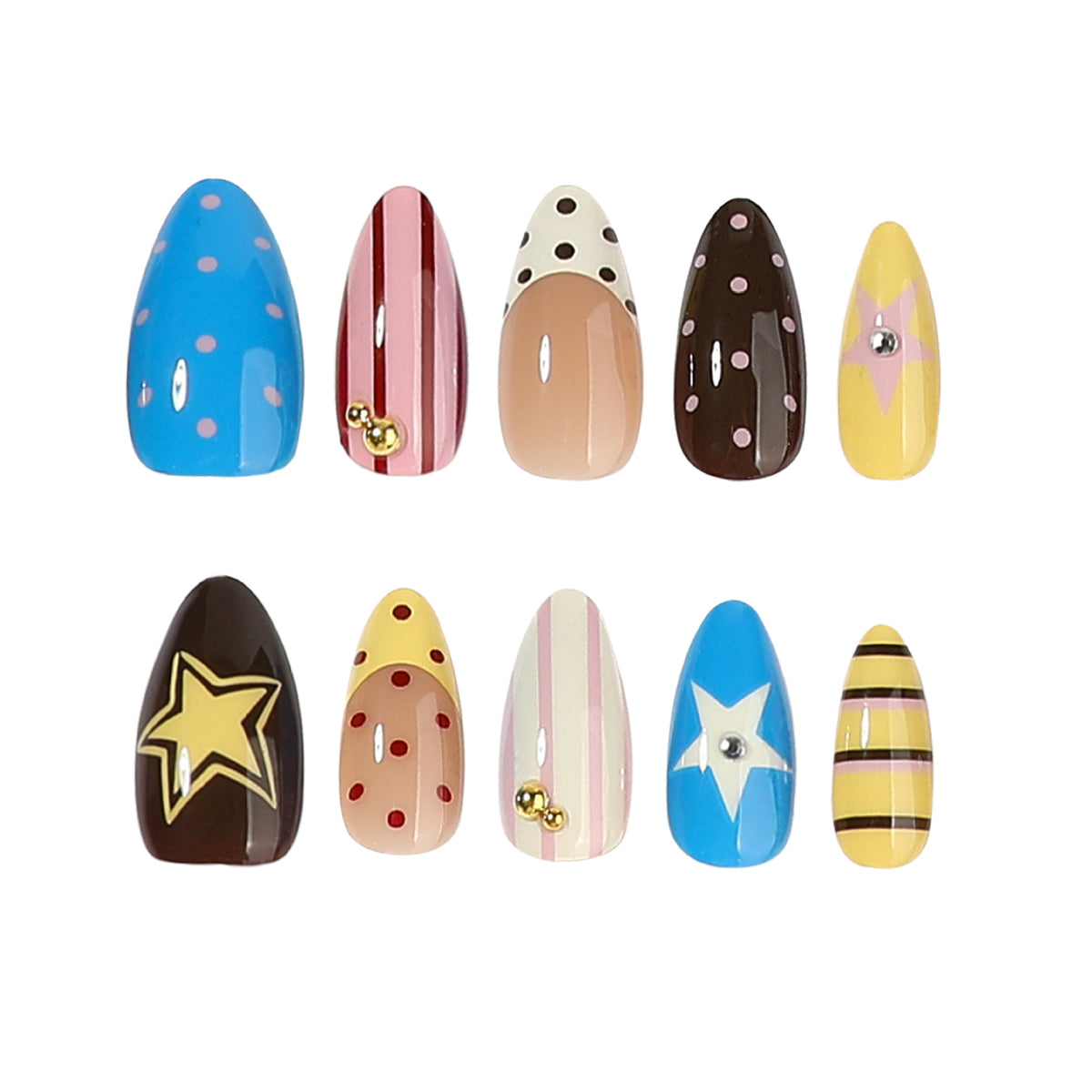 Ten colorful almond press-on nails displayed in two rows