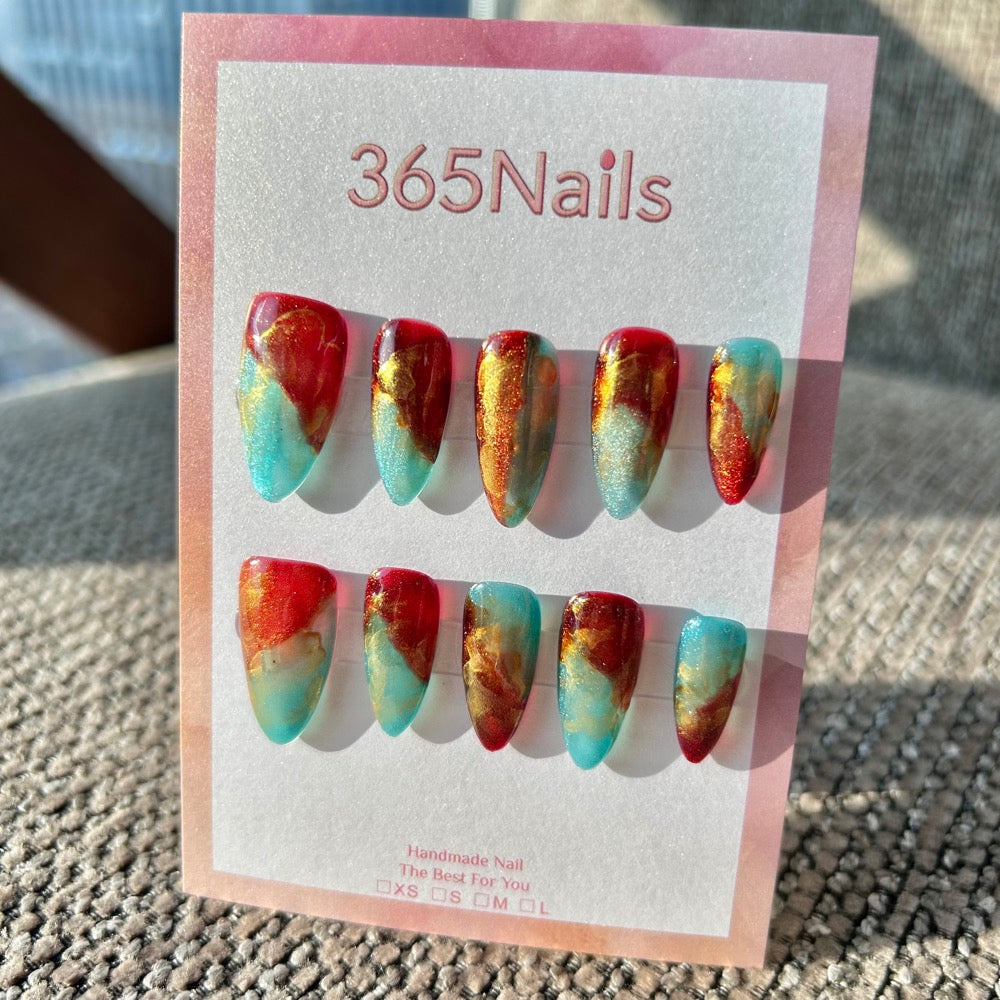 Crimson Sea & Dunhuang Sky Cinnabar Red & Turquoise Blue Contrast Nails ｜ Handmade Smudge Series(moq=30)