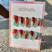 Crimson Sea & Dunhuang Sky Cinnabar Red & Turquoise Blue Contrast Nails ｜ Handmade Smudge Series(moq=30)