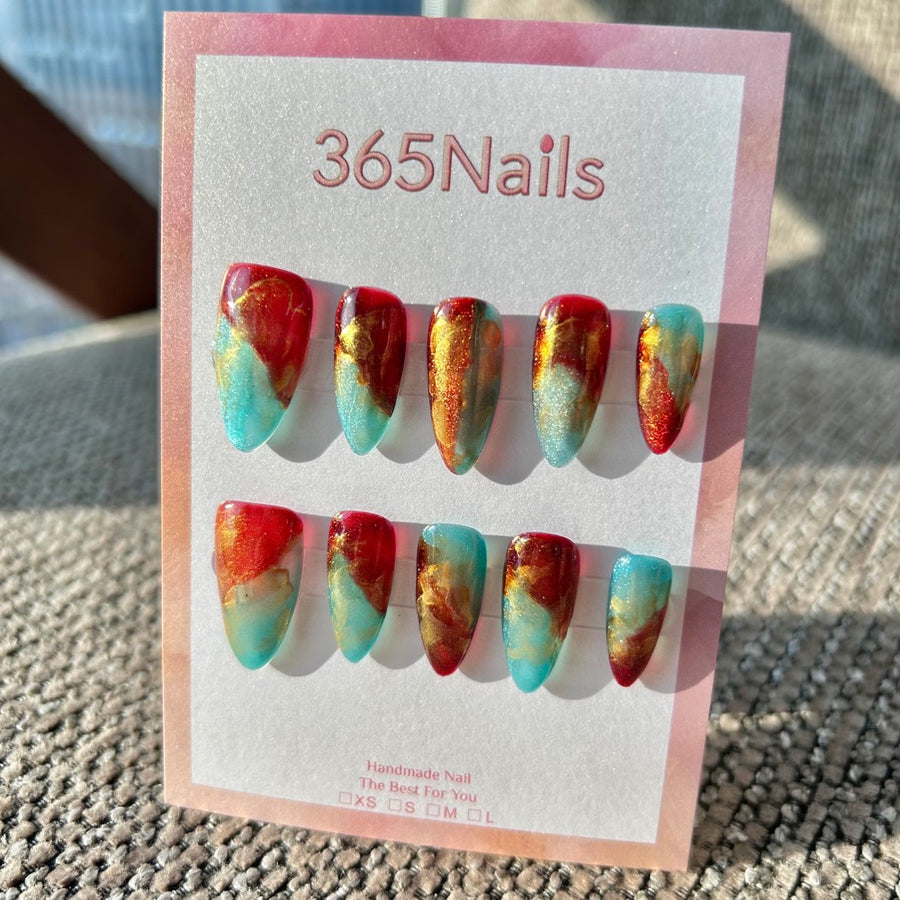 Crimson Sea & Dunhuang Sky Cinnabar Red & Turquoise Blue Contrast Nails ｜ Handmade Smudge Series(moq=30)