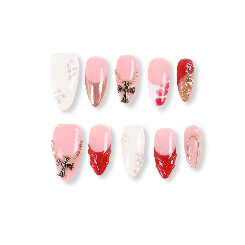 365Nails Creamy Pink Mix with Cross Bow Chains & Jelly Sculpt Press-OnsSold in packs of 5. Minimum order: 1 pack (5 pcs). Quantity = number of packs. Qty 1 = 5 pcs