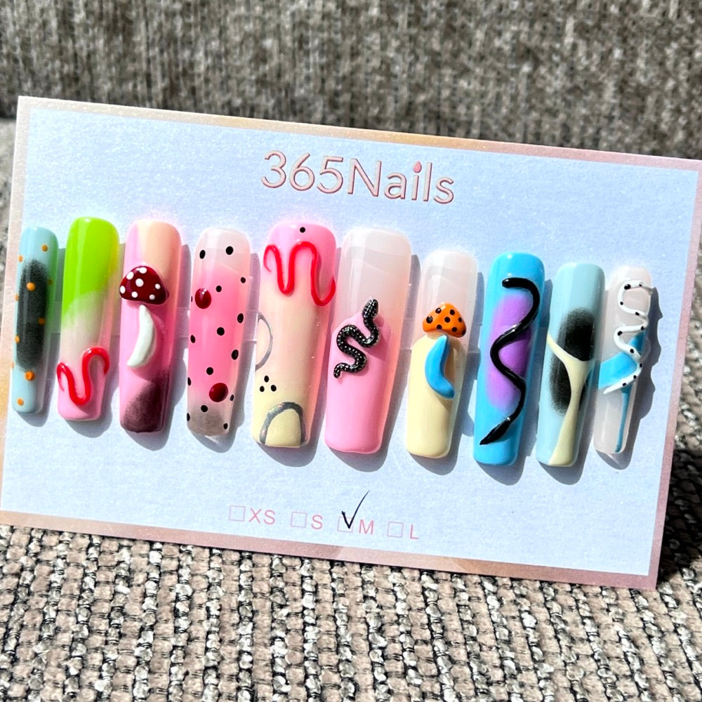 365nails: "Candy Pop" – 3D Snake & Mushroom Handmade Long Coffin Nails