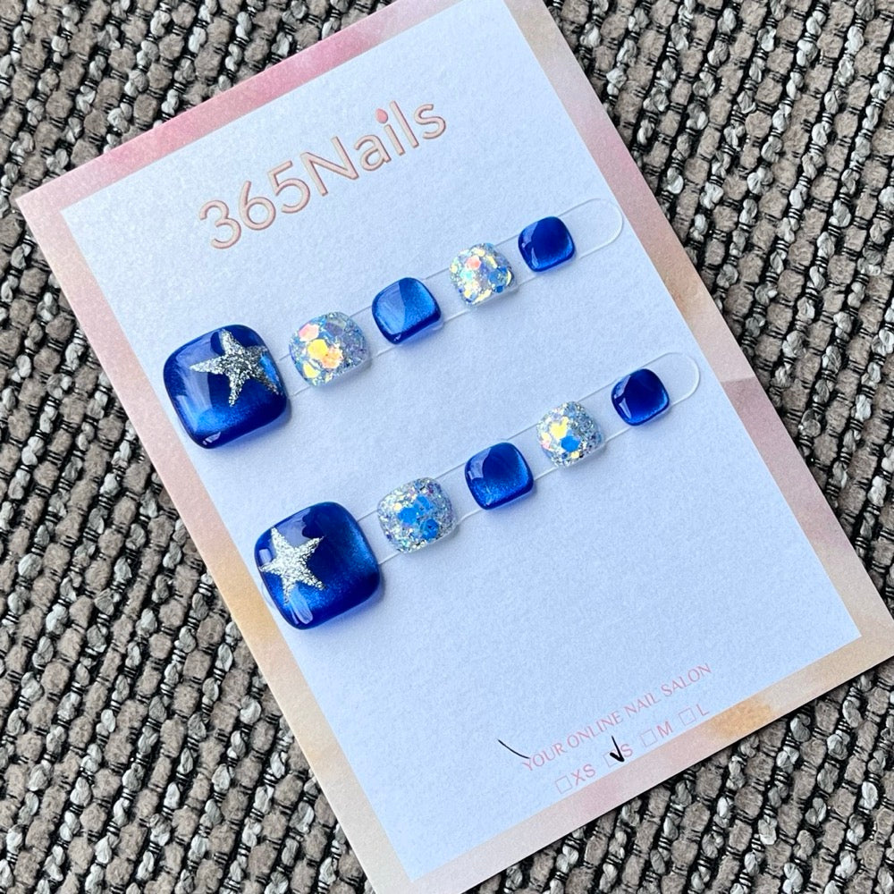 Blue Silver Star Glitter Press-on Toenails