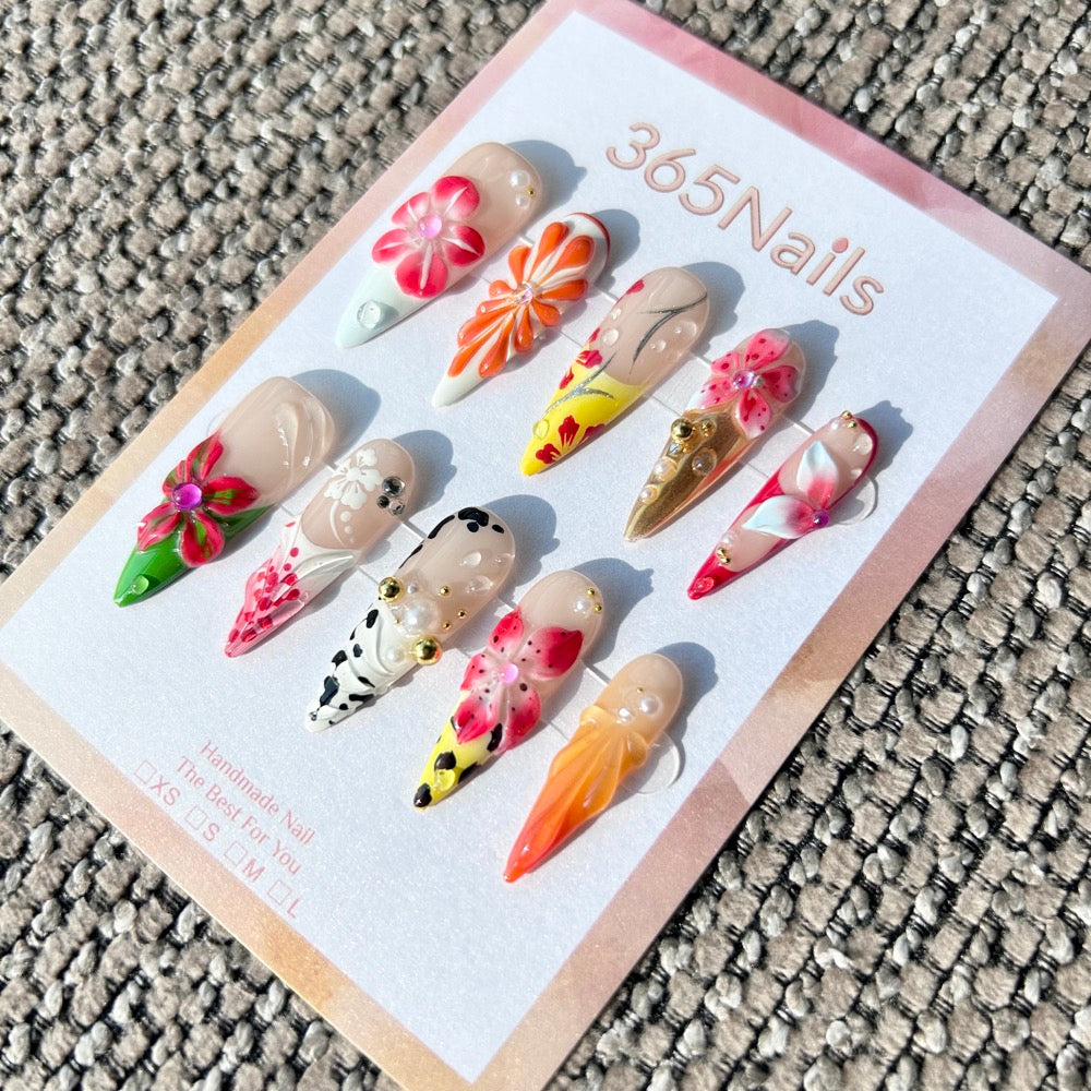 Handmade "Tropical Splendor" Mixed Media Press-on Nails | 3D Hibiscus & Leopard Print | Long Stiletto