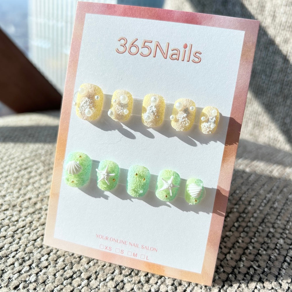 Sweet & Dopamine: "Citrus Mint Sorbet" – Sugar Texture Lemon & Green, 3D Shells, Starfish & Pearls Short Nails