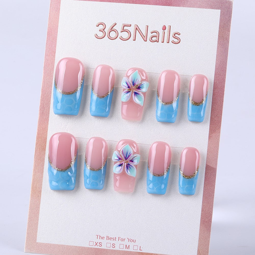 Pink and blue water ripple French style × 3D flowers medium square press on nail