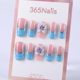 Pink and blue water ripple French style × 3D flowers medium square press on nail
