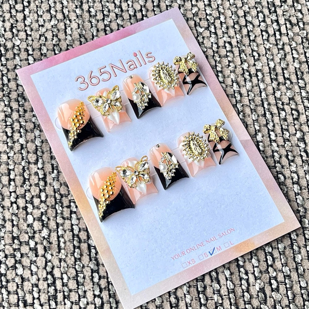 365nails: "Champagne Black French Gold Butterfly Rhinestone" – Luxury Metal Charm Handmade Medium