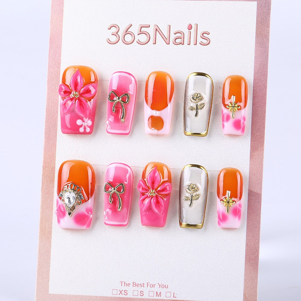 Orange-pink jelly gradient × 3D floral bow with rhinestones, medium square style Press On Nail
