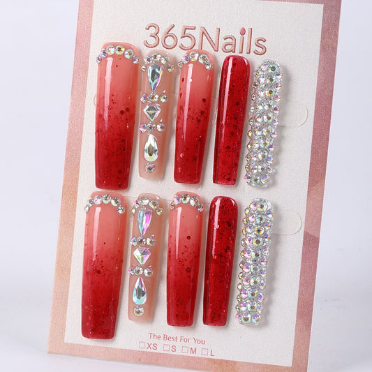 365Nails Ruby Sparkle Ombre Full-Rhinestone Long Coffin Press-Ons