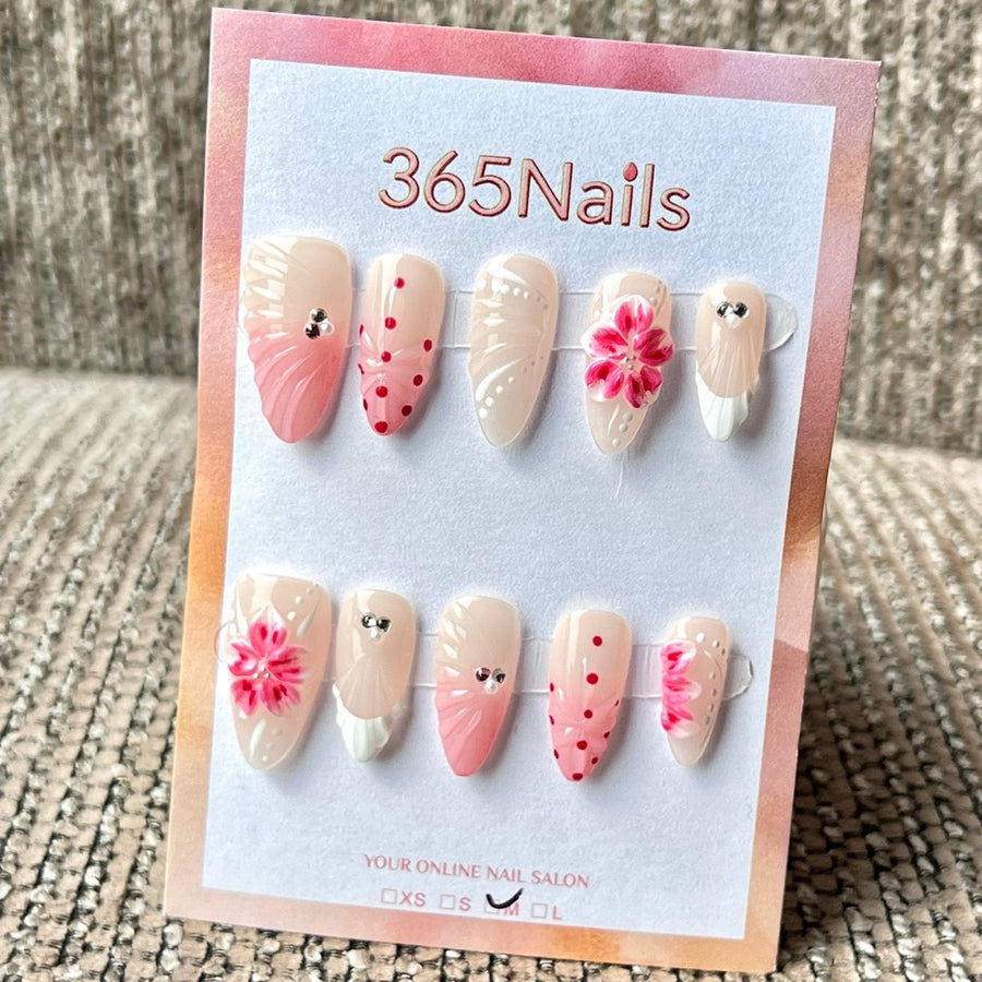 365nails: 연한 핑크 벚꽃 3D 웨이브 믹스 수제 미디엄 스틸레토형 프레스온 네일