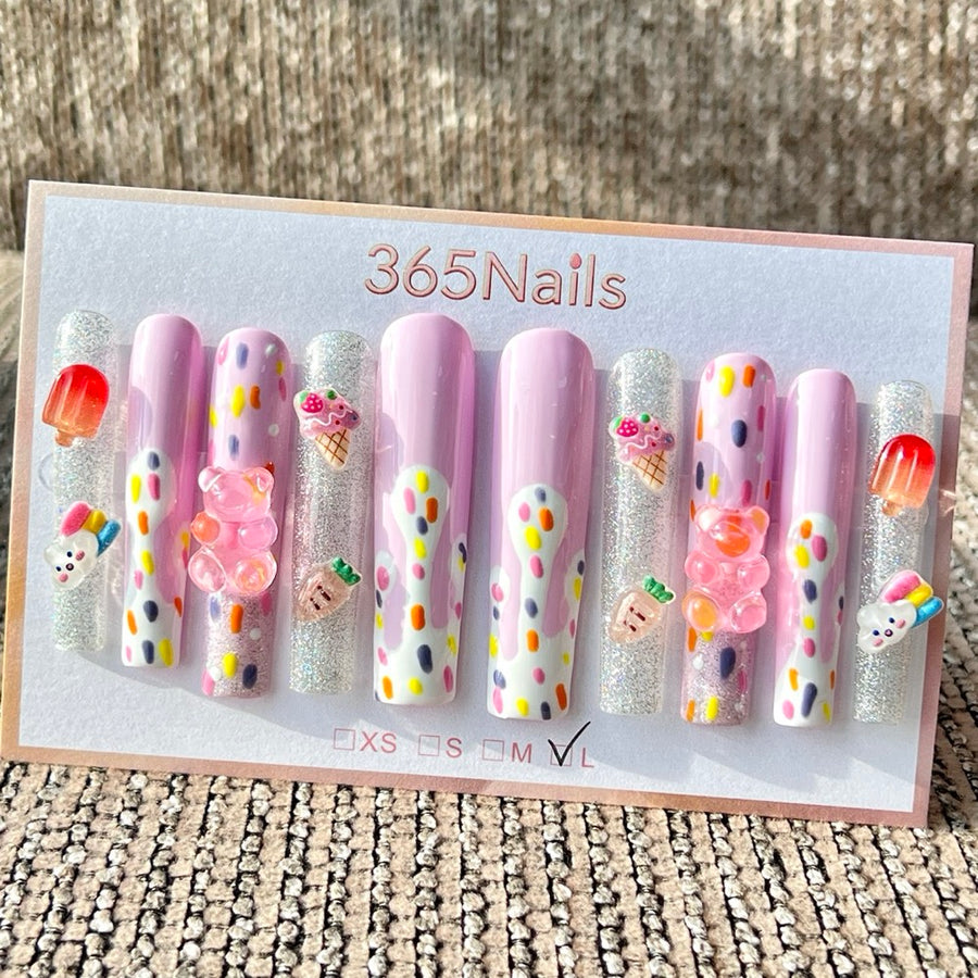 365nails: "Urso de Sorvete de Lavanda" – Unhas Postiças Trapezoidais Longas Artesanais