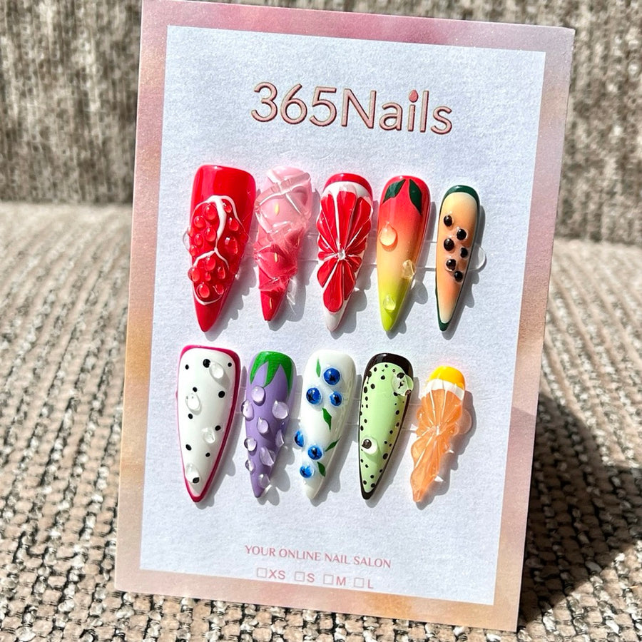 365nails: "Tropical Fruit Fiesta" – 3D Sculpted Handmade Long Stiletto Press On Nails