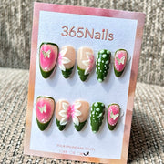 365nails: "Green Pink Flower Butterfly 3D" – Handmade Medium Stiletto Press-On Nails