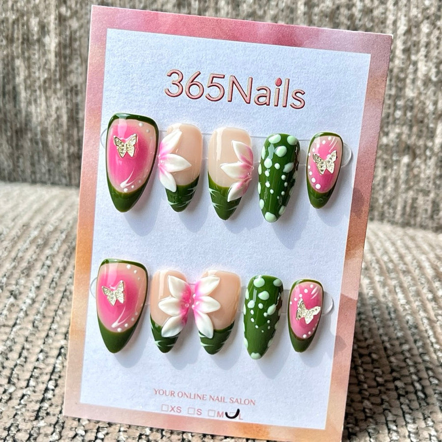 365nails: 그린 핑크 꽃 나비 3D 수제 미디엄 스틸레토형 프레스온 네일