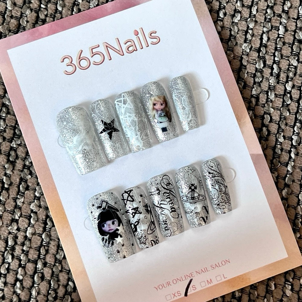 Silver Story - Silver Graphic Square Press-On Nails