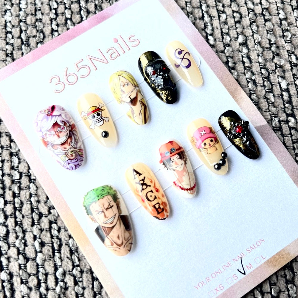 365nails: "One Piece Crew Anime" – Handmade Medium Almond Press-On Nails