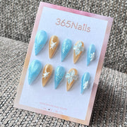 Blue & Gold Shimmer Stiletto Press-On Nails with 3D Charms