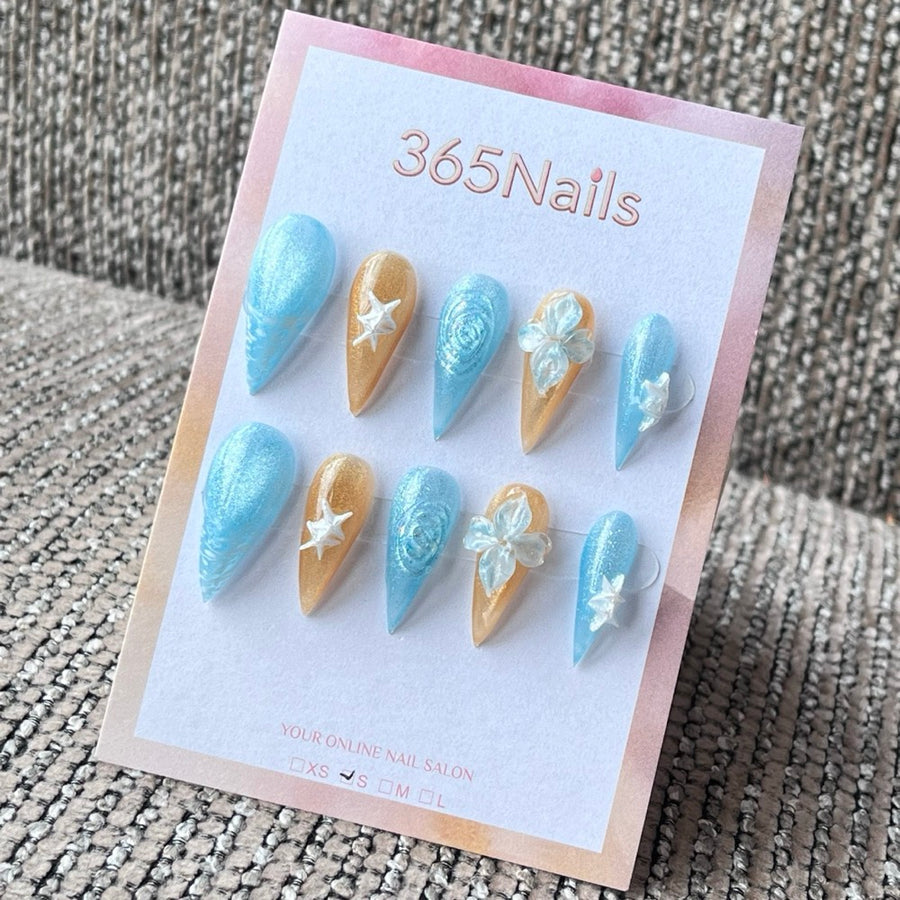 Blue & Gold Shimmer Stiletto Press-On Nails with 3D Charms