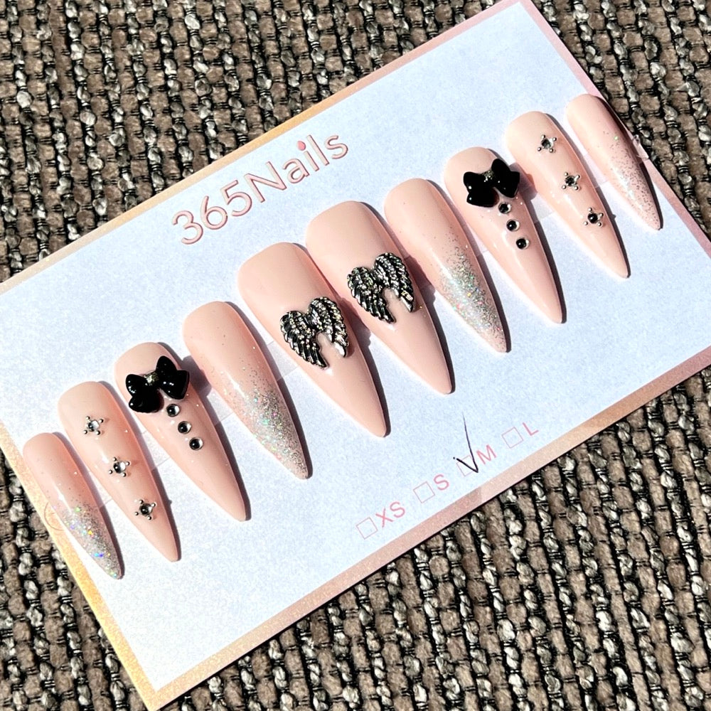 365nails: "Midnight Elegance" – 3D Bow Silver Glitter Handmade Stiletto Nails