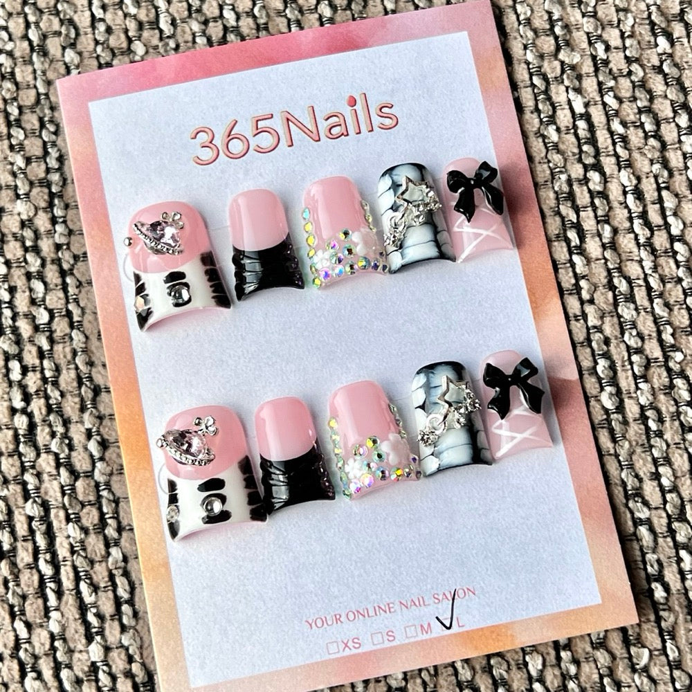 365nails 핑크 블랙 지브라 리본 숏 수제 사다리꼴형 프레스온 네일