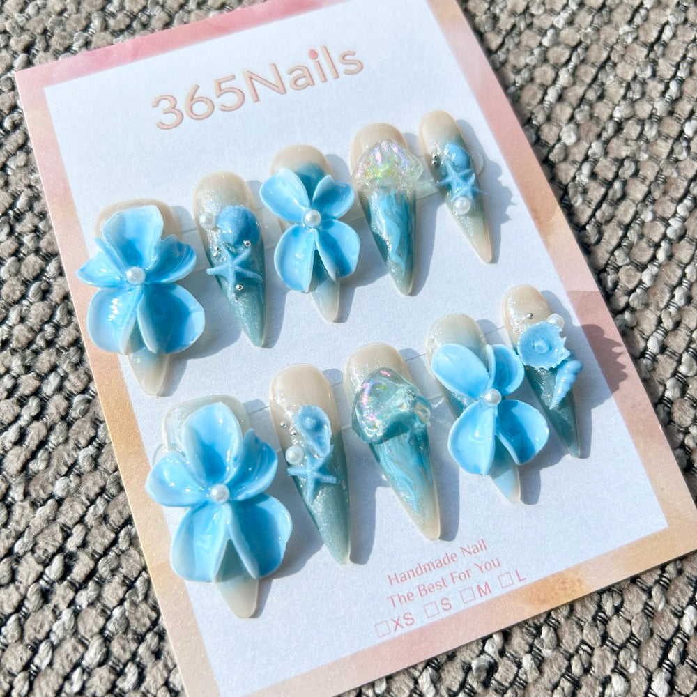 Ocean Flora: "Mermaid's Blossom" – 3D Blue Floral & Seashell Marine Long Stiletto Nails