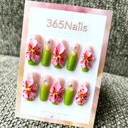 Orquídea de Primavera: "Pétala de Jade" – Unhas Postiças Longas em Formato Caixão